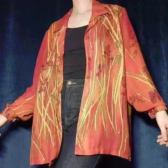 Vintage 90s  orange autumn leaves flowy button-up shirt - Picture 2 of 16